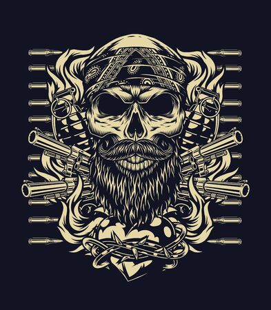 Vintage monochrome tattoo concept with bearded and mustached skull in bandana weapon bullets and fiery heart in barbed wire isolated vector illustrationのイラスト素材