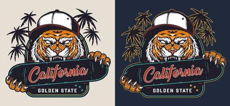 Colorful skateboarding label with aggressive cruel tiger in baseball cap holding skateboard with teeth and claws in vintage style isolated vector illustrationのイラスト素材