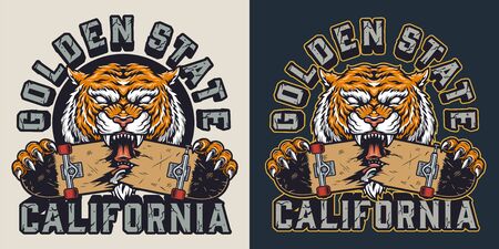Vintage skateboarding colorful print with inscriptions and ferocious tiger holding broken skateboard isolated vector illustrationのイラスト素材