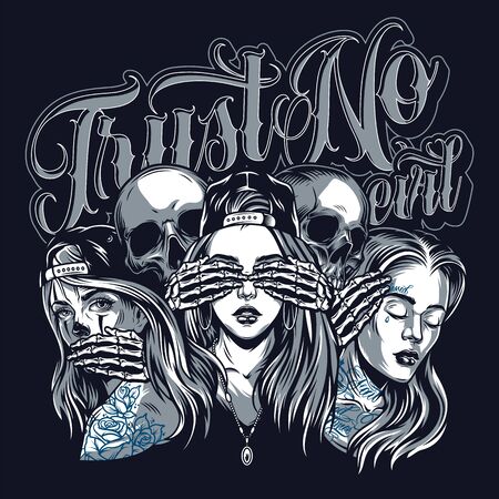 Chicano style Three Mystic Apes concept with skeletons covering eyes ears and mouth of three pretty girls isolated illustrationのイラスト素材