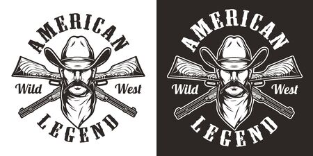 Vintage wild west badge with crossed rifles and man in cowboy hat and scarf in monochrome style isolated vector illustrationのイラスト素材