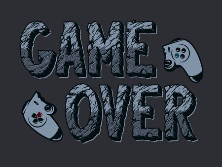 Vintage videogame typographic concept with broken gamepad and Game Over inscription with cracked sand texture isolated vector illustrationのイラスト素材