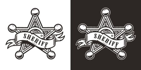Vintage sheriff badge star with ribbon around it in monochrome style isolated vector illustrationのイラスト素材