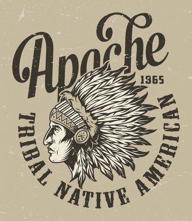 Vintage wild west monochrome badge with inscriptions and native american indian chief head in feathers headwear isolated vector illustrationのイラスト素材