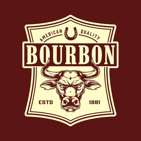 Vintage bourbon monochrome emblem in wild west style with angry bull head isolated vector illustrationのイラスト素材