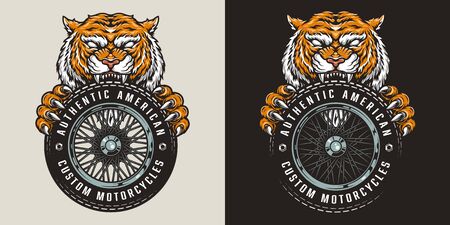 Colorful custom motorcycle logo with angry tiger holding moto wheel in vintage style isolated vector illustrationのイラスト素材