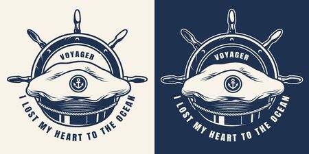 Vintage marine monochrome emblem with sea captain hat and ship wheel isolated vector illustrationのイラスト素材