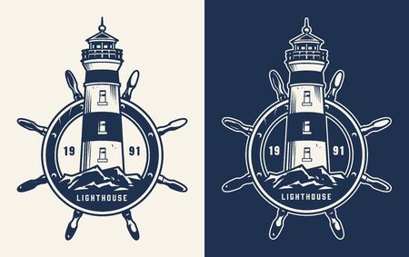 Vintage marine and sea badge with lighthouse and rudder in monochrome style isolated vector illustrationのイラスト素材