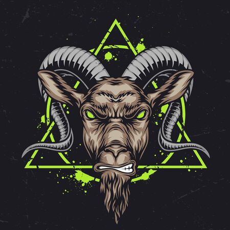Capricorn zodiac sign vintage concept with angry goat head green circle and triangle on dark background isolated vector illustrationのイラスト素材