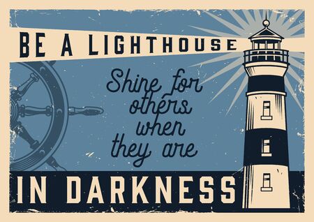 Vintage nautical horizontal poster with inscriptions ship wheel and shining lighthouse vector illustrationのイラスト素材