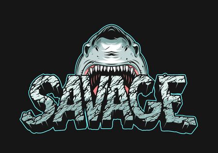 Colorful angry shark holding Savage lettering with cracked dry land texture in vintage style isolated vector illustrationのイラスト素材