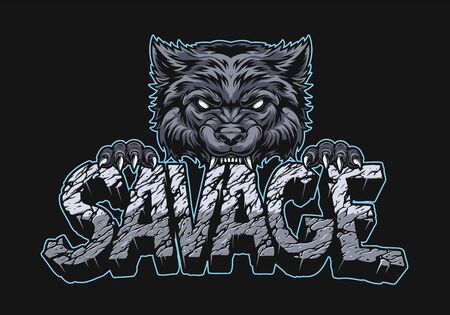 Aggressive wolf holding Savage inscription with broken desert sand surface in vintage style on dark background isolated vector illustrationのイラスト素材