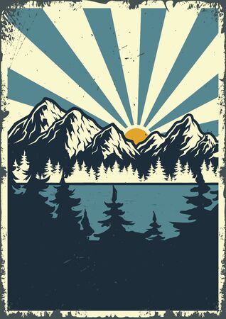 Nature landscape at sunrise colorful poster with trees mountains and radial background in vintage style vector illustrationのイラスト素材