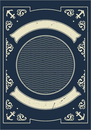 Vintage marine and nautical frame template with sea waves blank ribbons anchors vector illustrationのイラスト素材