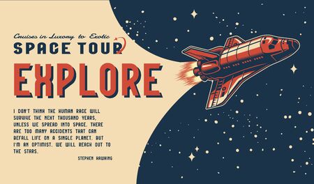 Space tour vintage colorful horizontal template with lettering and flying shuttle on cosmic background vector illustrationのイラスト素材