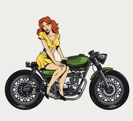 Vintage motorcycle colorful template with pretty pin up girl with red hair in yellow dress sitting on motorbike isolated vector illustrationのイラスト素材