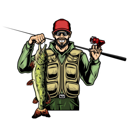 Vintage fishing colorful concept with cheerful bearded and mustached fisherman holding pike and spinning rod isolated vector illustrationのイラスト素材