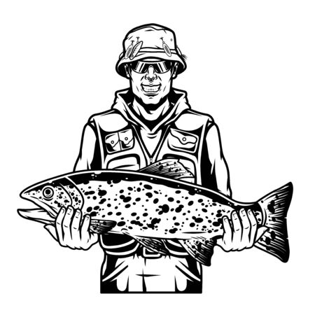 Vintage monochrome fishing template with smiling fisherman holding big rainbow trout on his arms isolated vector illustrationのイラスト素材