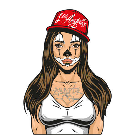 Beautiful latino girl in baseball cap with cat face makeup in vintage style isolated vector illustrationのイラスト素材