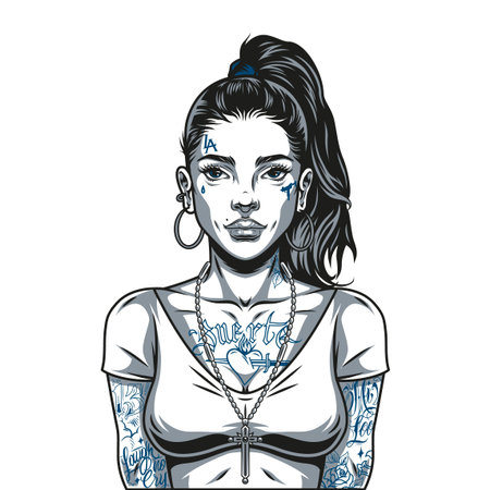 Beautiful latino girl with tattoos earrings and cross necklace in vintage monochrome style isolated vector illustrationのイラスト素材