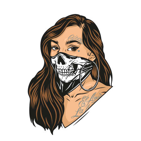 Colorful concept of woman in scary mask with long hair chicano tattoos and round earrings in vintage style isolated vector illustrationのイラスト素材