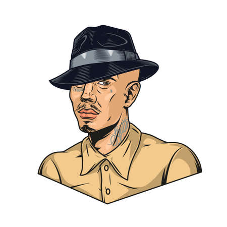 Latino man with tattoos in fedora hat in vintage style isolated vector illustrationのイラスト素材