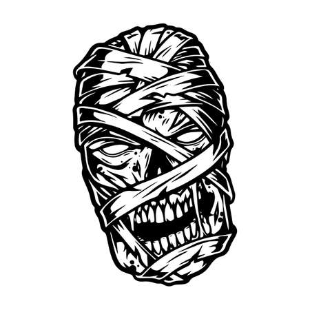 Monochrome concept of scary mummy head in vintage style isolated vector illustrationのイラスト素材