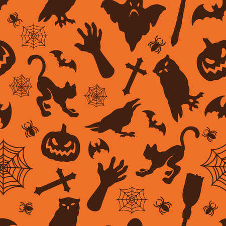 Vintage Halloween seamless pattern with zombie hand cat cross broom cobweb ghost bat scary pumpkin owl crow spider vector illustrationのイラスト素材