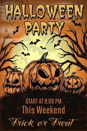 Halloween party colorful vintage template with scary pumpkins bats and dry trees on moon background vector illustrationのイラスト素材