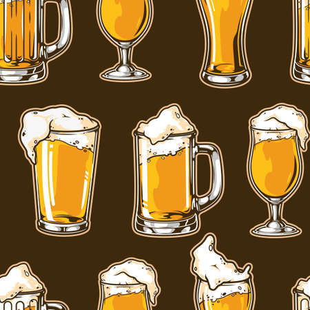 Colorful beer vintage seamless pattern with mugs cups and glasses full of foamy cold drink vector illustrationのイラスト素材