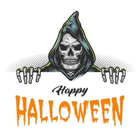 Happy Halloween colorful template in vintage style with calligraphic inscription and spooky grim reaper in hood isolated vector illustrationのイラスト素材
