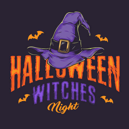 Halloween night vintage emblem with witch hat and flying bats isolated vector illustrationのイラスト素材