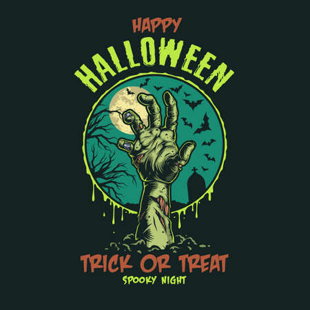 Halloween vintage colorful label with inscriptions zombie hand flying bats gravestone dry tree and moon isolated vector illustrationのイラスト素材