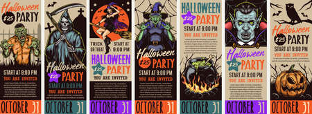 Halloween party colorful vertical banners with inscriptions zombie grim reaper holding scythe beautiful and scary witches cauldron of magic potion owl and spooky pumpkin vector illustrationのイラスト素材