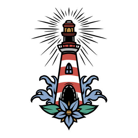 Vintage marine colorful tattoo concept with lighthouse flower and sea waves isolated vector illustrationのイラスト素材