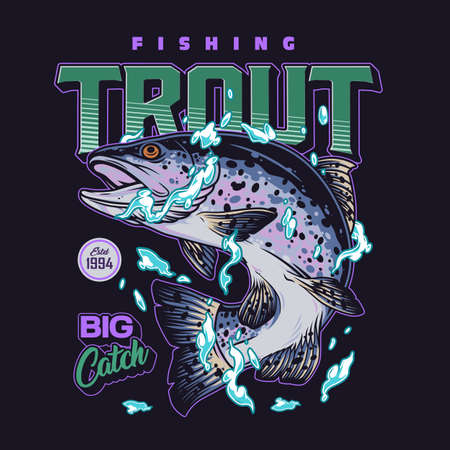Fishing vintage colorful badge with letterings and rainbow trout in water drops isolated vector illustrationのイラスト素材