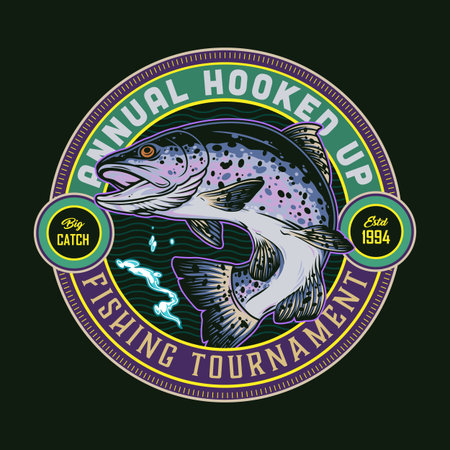 Vintage fishing round emblem with inscriptions and big rainbow trout isolated vector illustration