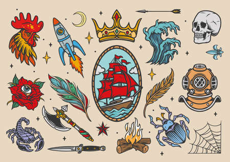 Colorful tattoos vintage collection with rooster rocket crown skull diving helmet marine label feathers ax knife bug sea wave scorpio campfire cobweb arrow rose with eye isolated vector illustrationのイラスト素材