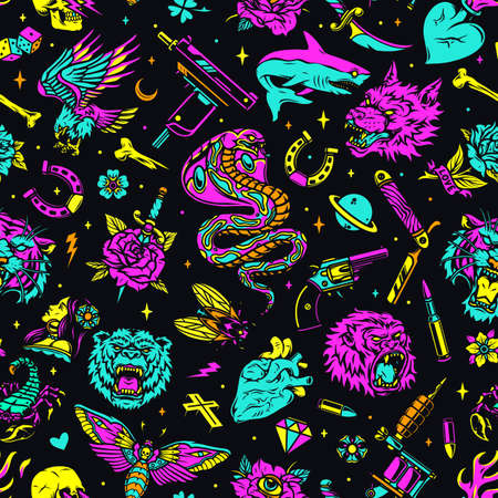 Vintage tattoos seamless pattern with bright colorful designs on dark background vector illustrationのイラスト素材