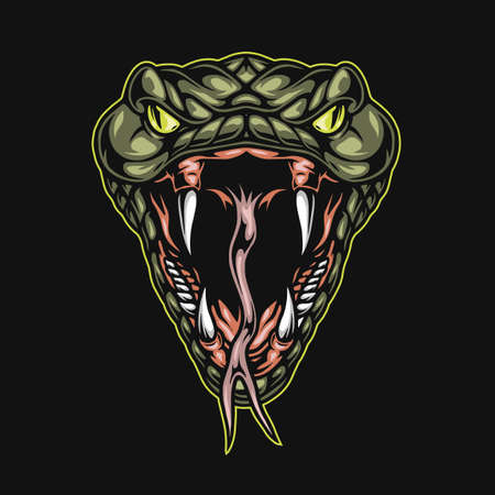 Vintage angry snake head with big fangs and forked tongue on dark background isolated vector illustrationのイラスト素材