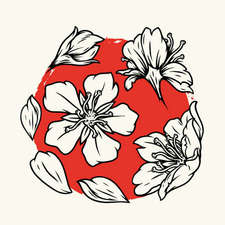 Sakura flowers vintage monochrome concept on red sun background isolated vector illustrationのイラスト素材