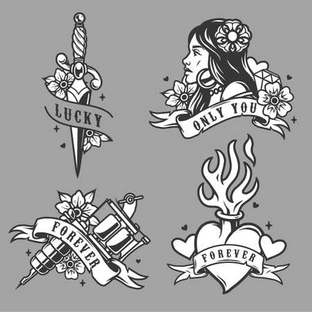 Vintage tattoos collection with attractive woman dagger tattoo machine fiery heart flowers diamond and ribbons with different inscriptions isolated vector illustrationのイラスト素材