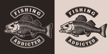 Fishing vintage monochrome print with big bass fish skeleton isolated vector illustrationのイラスト素材