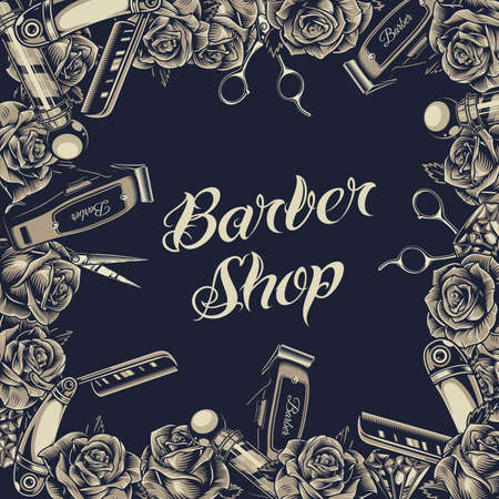 Barbershop vintage monochrome compositionのイラスト素材