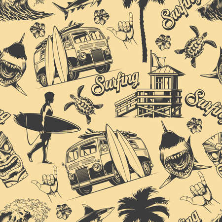 Vintage monochrome surfing seamless patternのイラスト素材