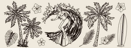 Hawaiian surfing elements setのイラスト素材