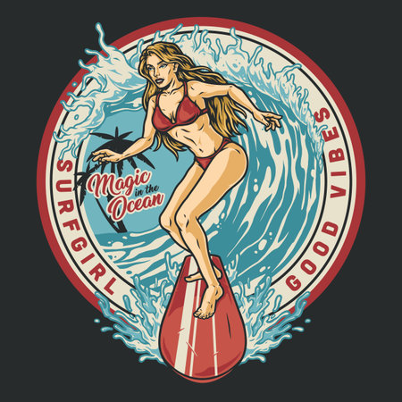 Surfing vintage round labelのイラスト素材