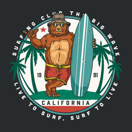 Surfing vintage colorful round badgeのイラスト素材