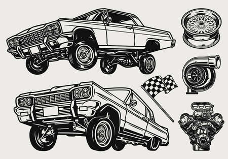 Retro custom cars vintage monochrome conceptのイラスト素材