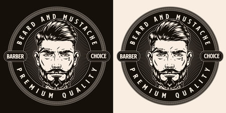 Vintage barbershop monochrome round emblemのイラスト素材